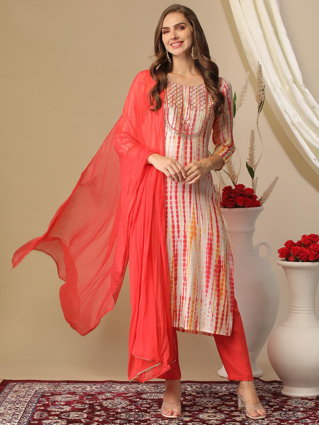 ANNI DESIGNER Ladies Rayon Blend Dupatta Kurta Trousers, red, XL