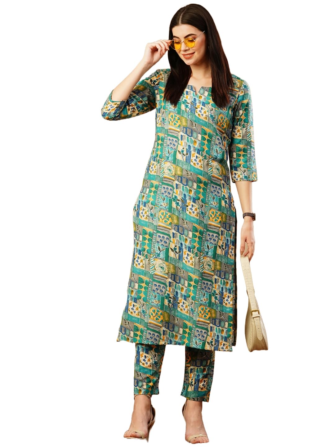 ANNI DESIGNER Womens Cotton Blend Straight Printed Kurta with Pant (ING 10 Blue_M_Blue_Medium)
