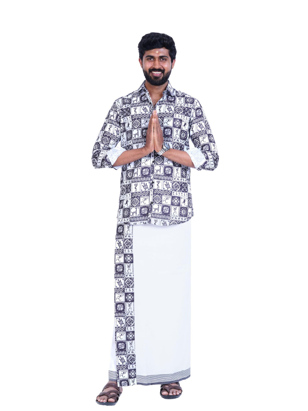 Prakasam Cotton Mens Colour Onam Special Printed Full Sleeve Slim Fit Multi Colour Shirt Matching With Border Single Dhoties For