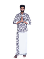Prakasam Cotton Mens Colour Onam Special Printed Full Sleeve Slim Fit Multi Colour Shirt Matching With Border Single Dhoties For