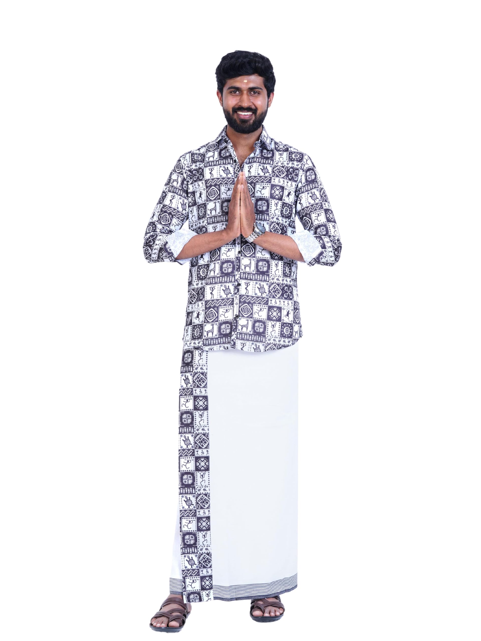 Prakasam Cotton Mens Colour Onam Special Printed Full Sleeve Slim Fit Multi Colour Shirt Matching With Border Single Dhoties For