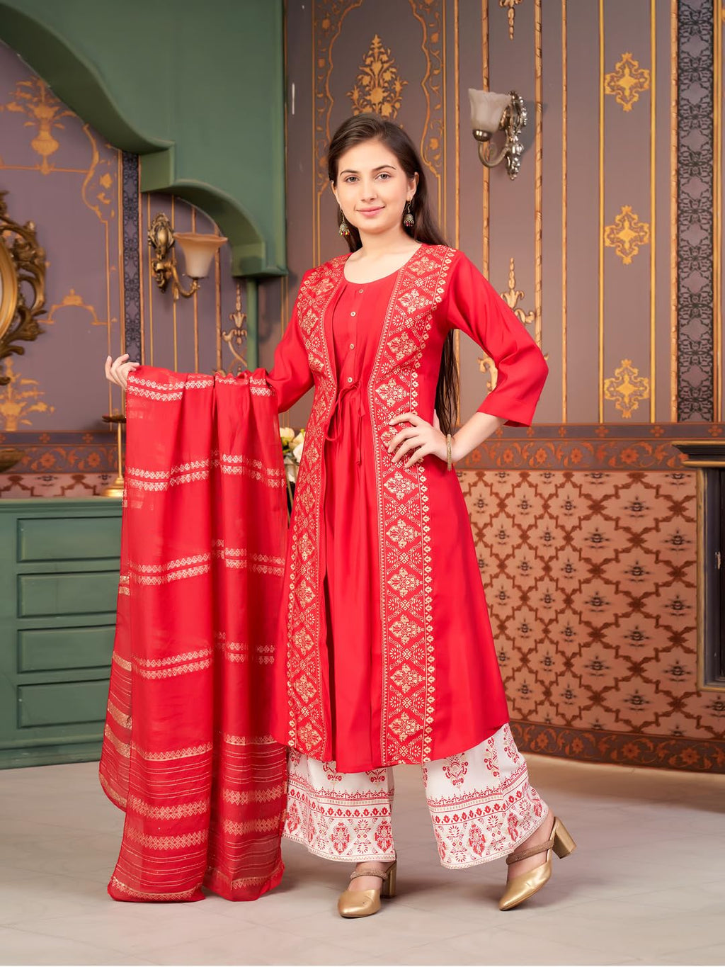 Aarika Girls Ethnic Wear Red Colour Foil Print Silk Kurti-8-15 Years (Kurti-Sd-2933)