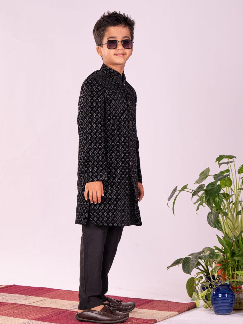 VASTRAMAY Boys Velvet Black Sherwani Set | Sequined Embroidered Indo Western With Pant style Pyjama