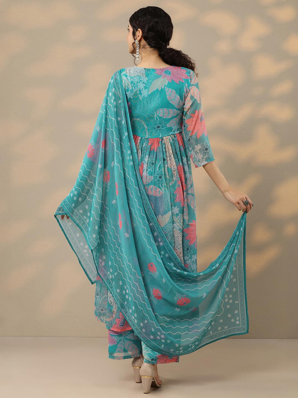 Libas Womens Printed Chiffon A-Line Kurta With Palazzos And Dupatta