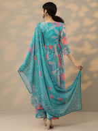 Libas Womens Printed Chiffon A-Line Kurta With Palazzos And Dupatta