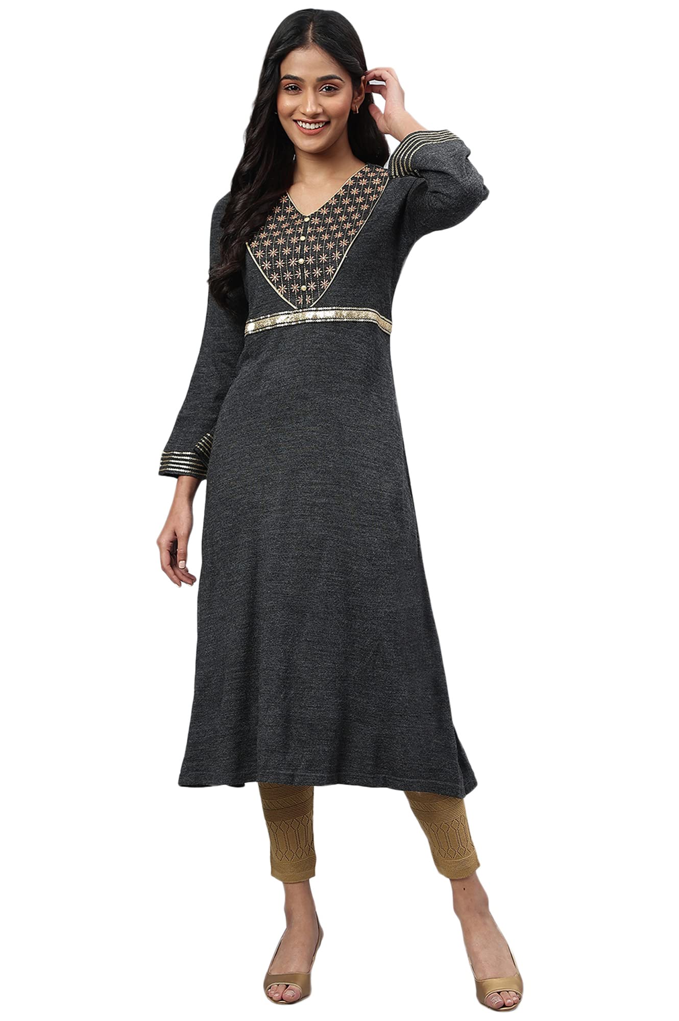 Aurelia Women Dark Grey Mix Acrylic Solid Yarn Dyed A-Line Dress_22Noa13706-703176_M