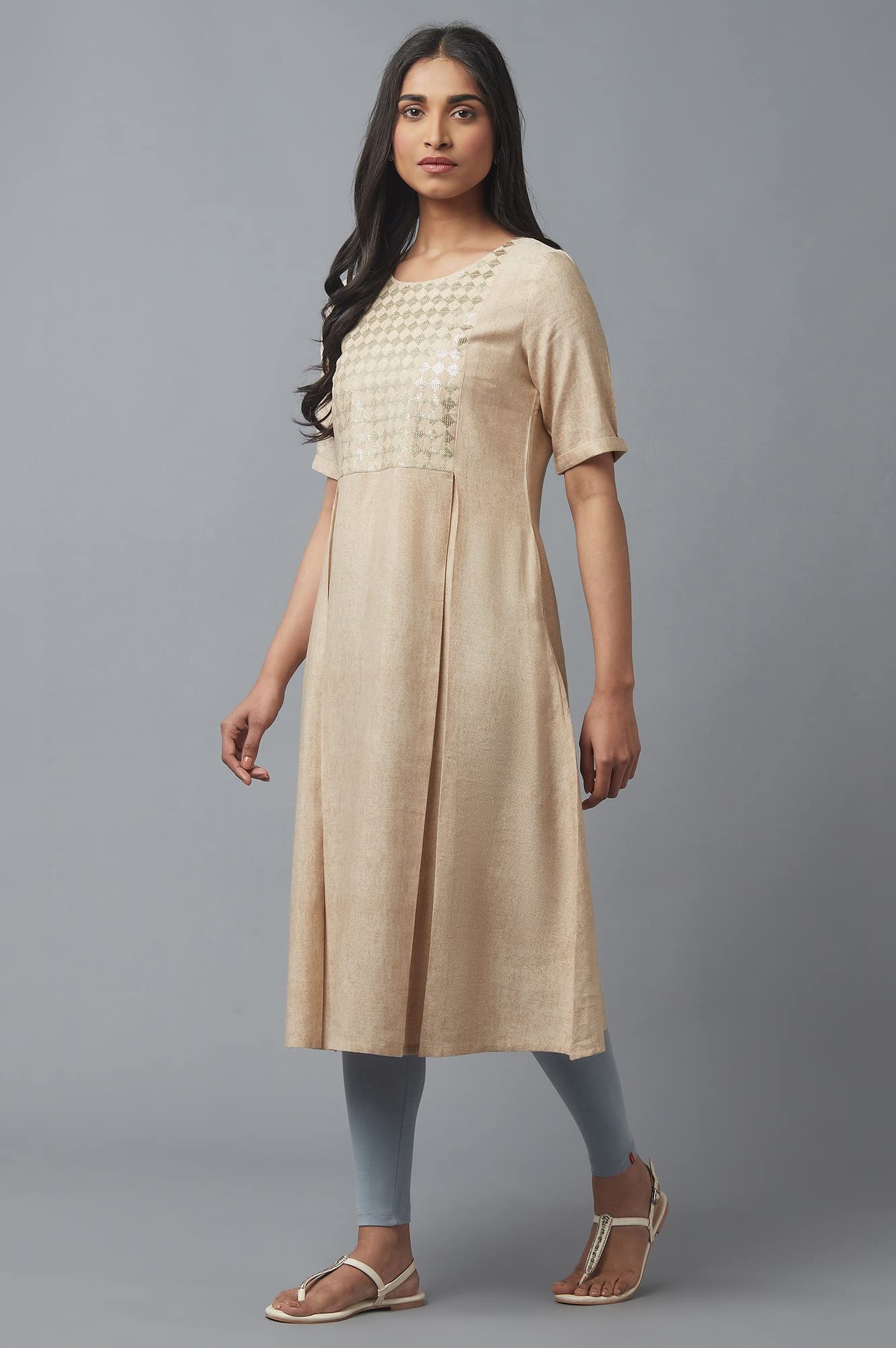 W For Woman Almond Beige Sequin Work Kurta