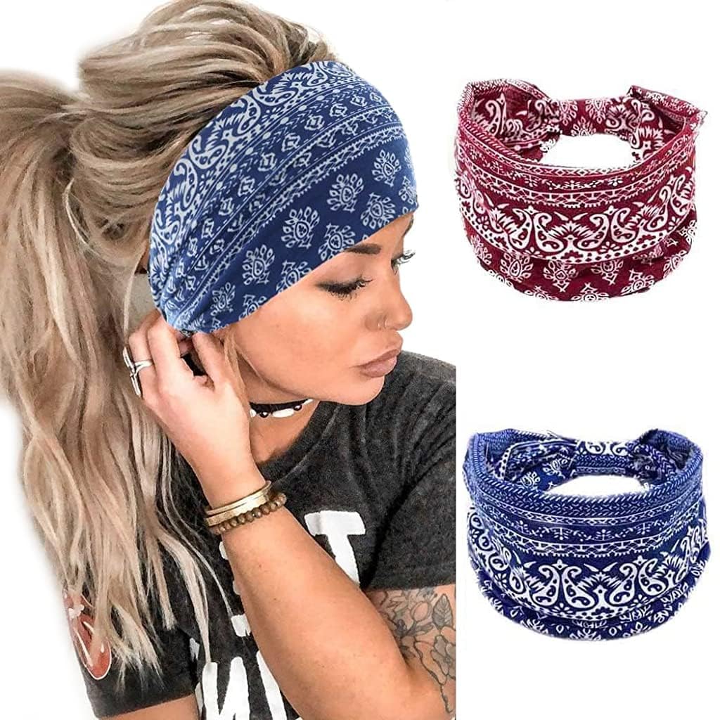 Aisbugur Boho Paisley Wide Turban Headband Set Stretchy Knotted Elastic Bandana Hair Wraps For Women Yoga Workout Athletic Heads 12