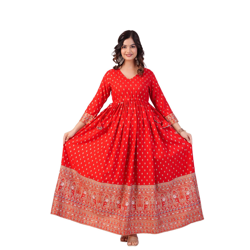 Digital Shopee Long Kurta Gold Printed Rayon Ethnic Gown Round Neck | Straight Kurta For Daily Office Use (Red) 2 Xlarge