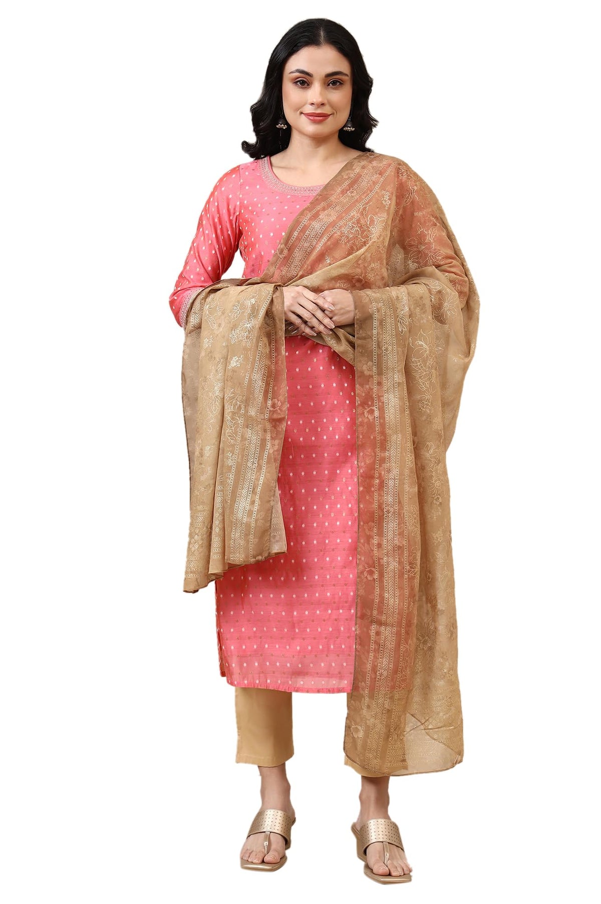 Aurelia Womens Gold Digital Foil Floral Printed Georgette Dupatta (Size: Free Size)-A80002-508935