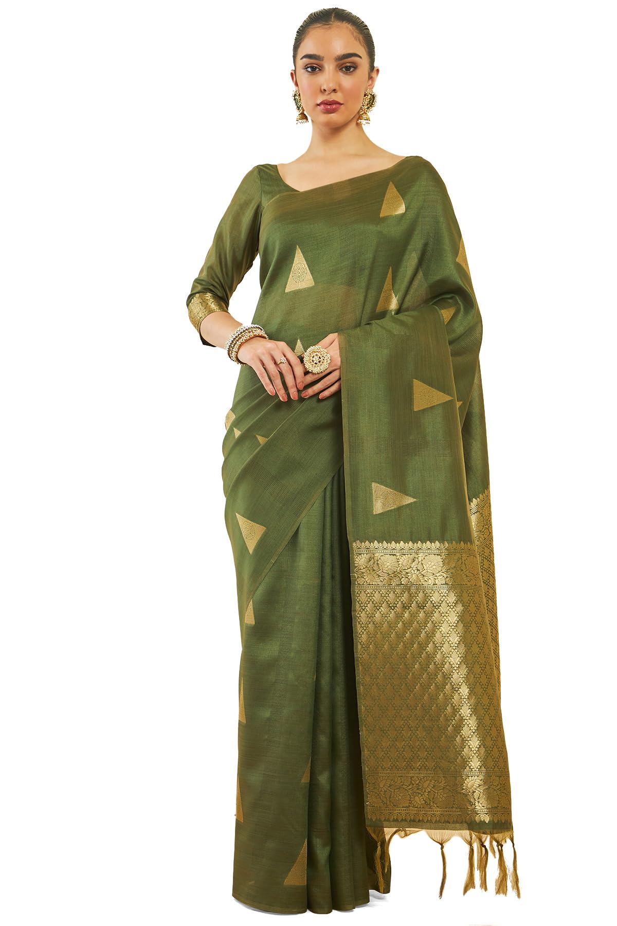 Soch Women Tussar Geometric Pattern Woven Saree with Tasselled Border