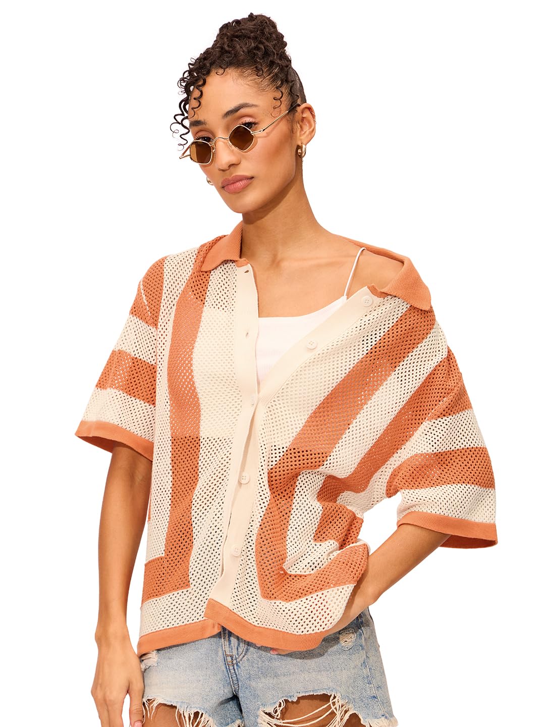 The Souled Store Apricot Sherbet Women and Girls Short Sleeves Collared Neck Button Front Open Knit Structured Boyfriend Shirts