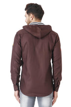 Besix MenS Brown Tailored Fit Cotton Blend Shirt For Man With Hoodie - Casual Long Sleeve Shirt With Pockets - Patch Detail For