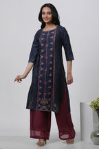 W Dark Blue Floral Printed Glitter WomenS Top Palazzo Set