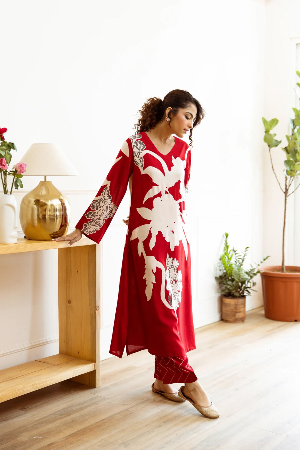 ANNI DESIGNER Palazzo women s viscose rayon printed straight kurta, Red, XL