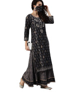 Ishin Women'S Cotton Black Yoke Design A-Line Kurta Set With Sharara