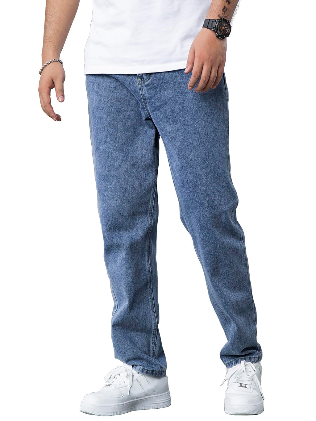 AVANOVA Mens Dark Blue Slant Pocket Wide Leg Jeans  Casual Loose Fit Denim Pants, Cotton Blend Trousers with Slant Pockets for D