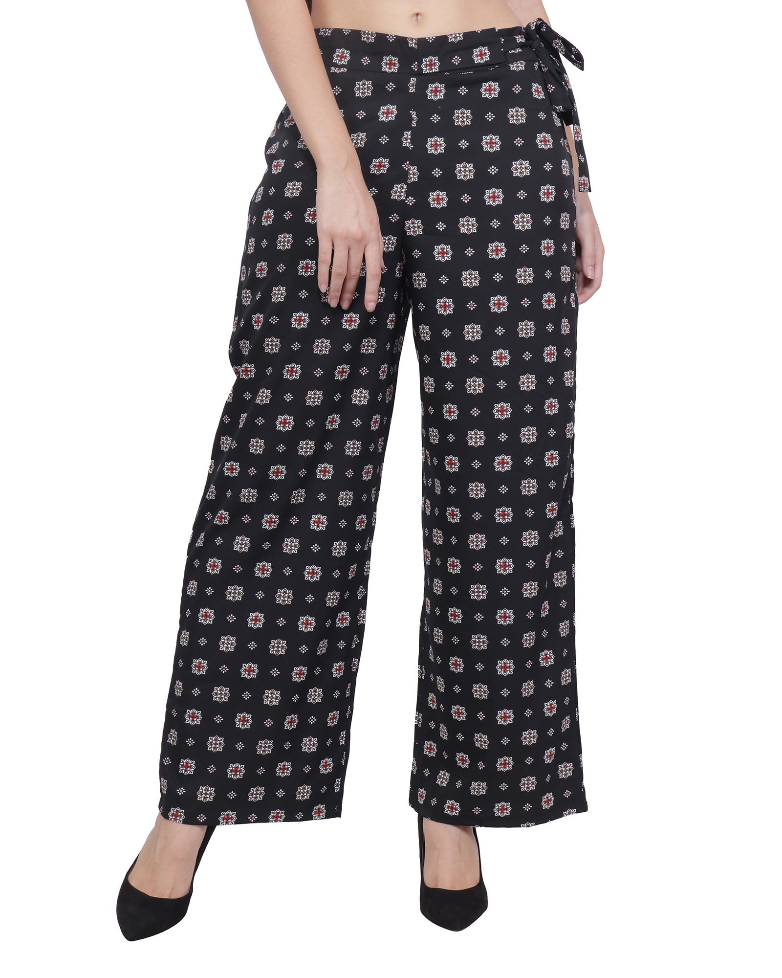 Popwings Casual Black Floral Box Printed Regular Fit Palazzo For Women Palazzos For Women