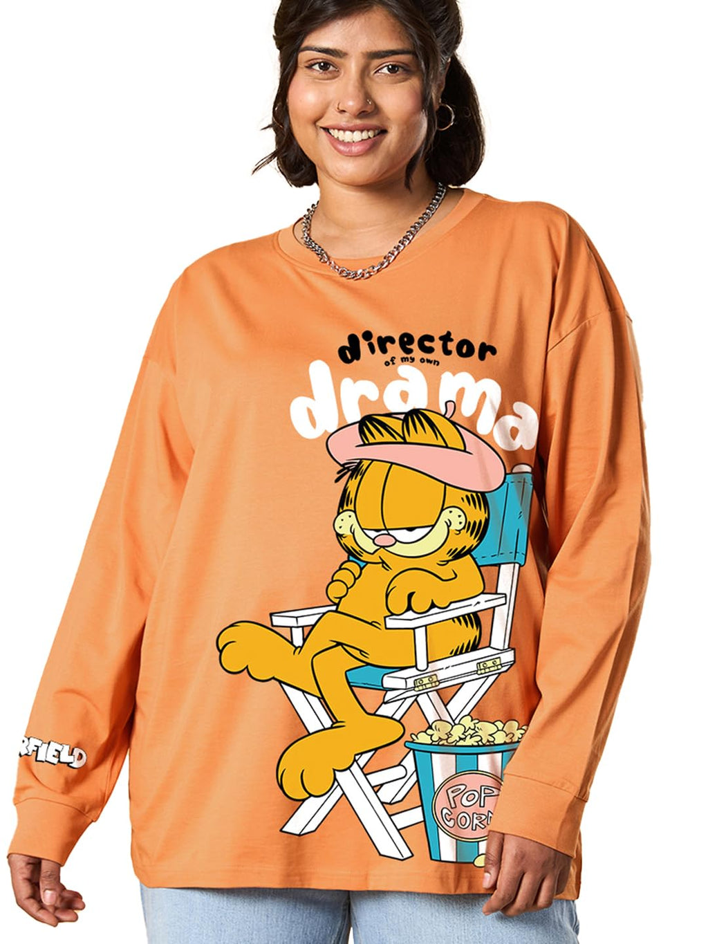 Bewakoof Official Garfield Merchandise Womens Graphic Printed Oversized Fit Full Sleeve Round Neck Cotton Jersey Plus Size T-Sh