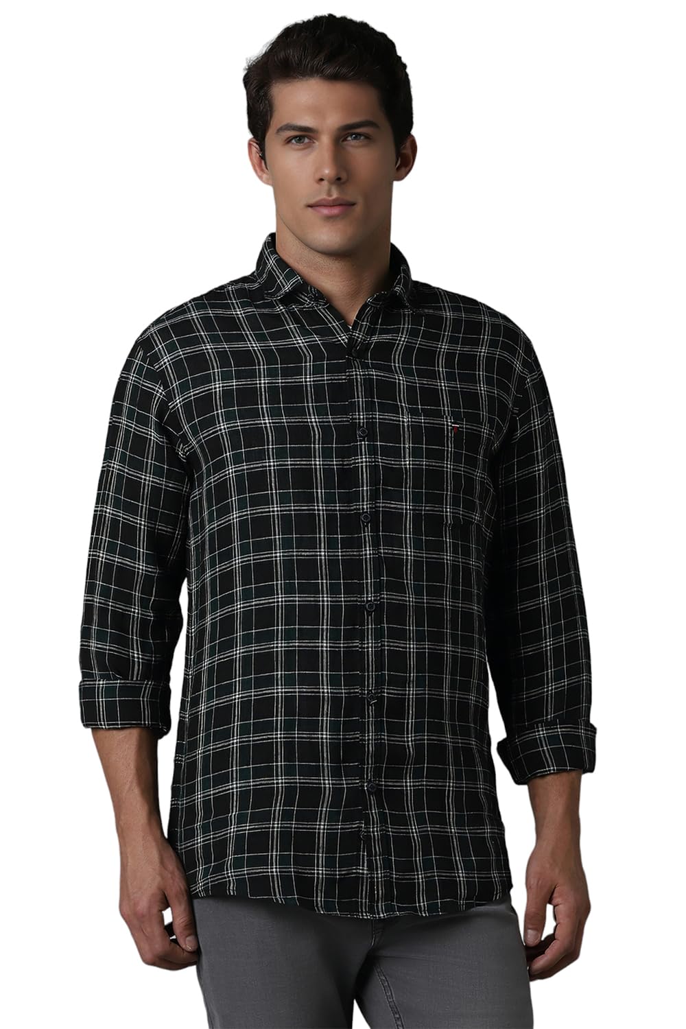 Louis Philippe Men Linen Checkered Slim Fit Shirt (Lrsfnslbt15105_Navy, 42)