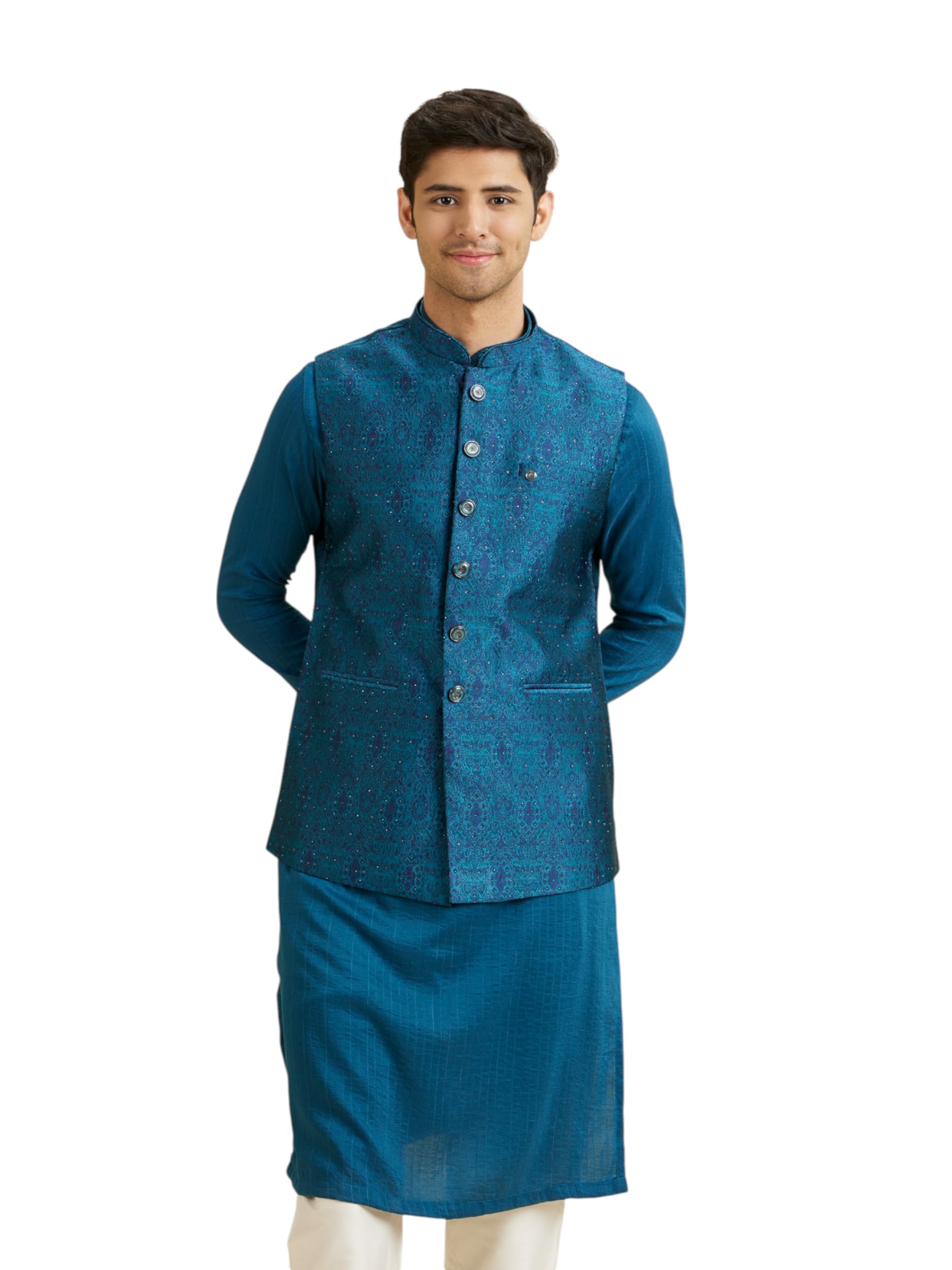 Manyavar Mens Brocade Sequinned Nehru Jacket(Teal Blue,L)
