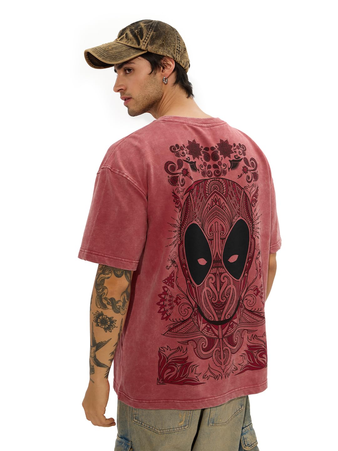 The Souled Store Official Deadpool: Anti-Hero Men and Boys Short Sleeves Round Neck Pink Graphic Printed Cotton Oversized T-Shir
