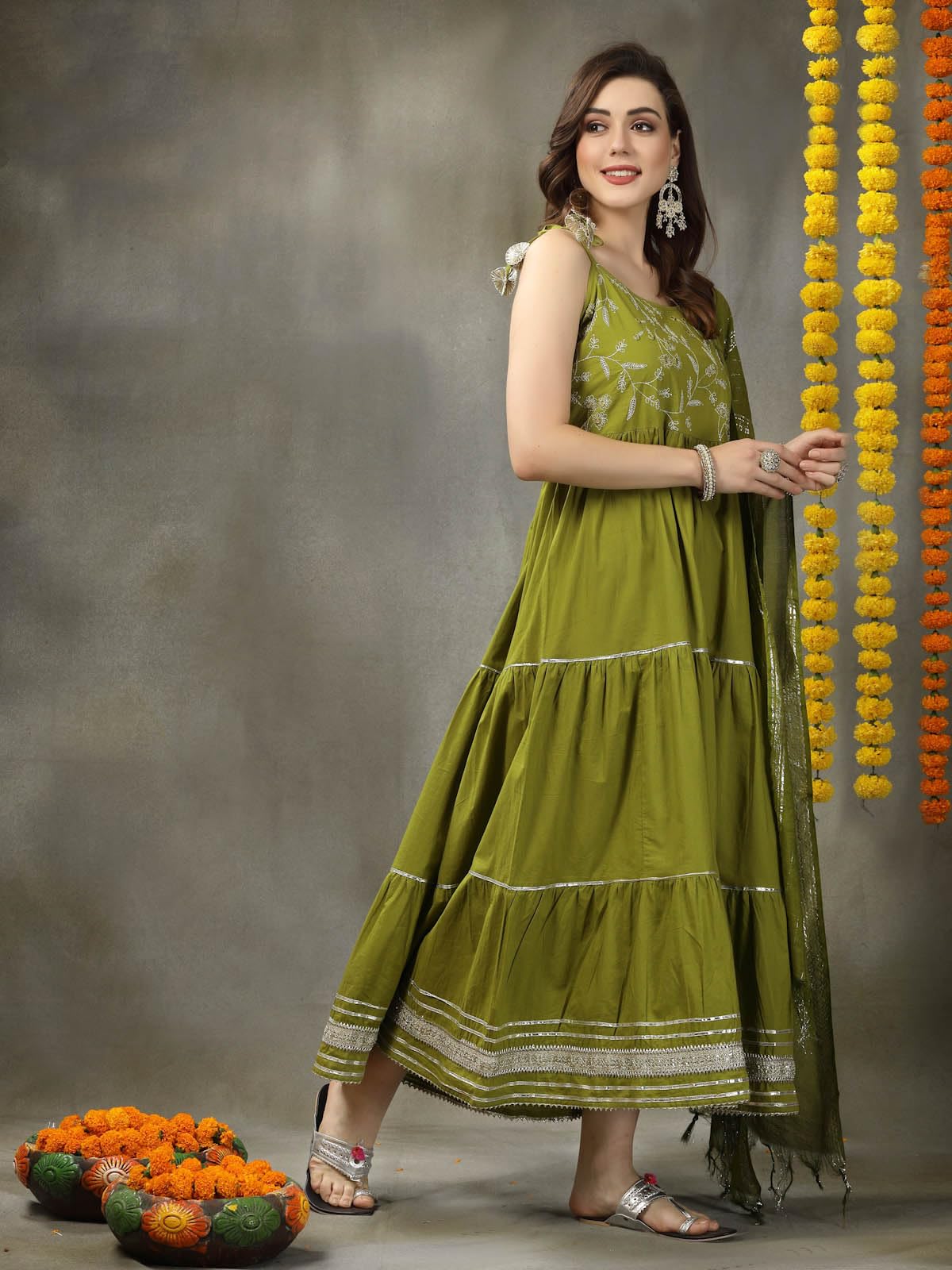 Stylum WomenS Embroidered Cotton Tiered Kurta With Dupatta