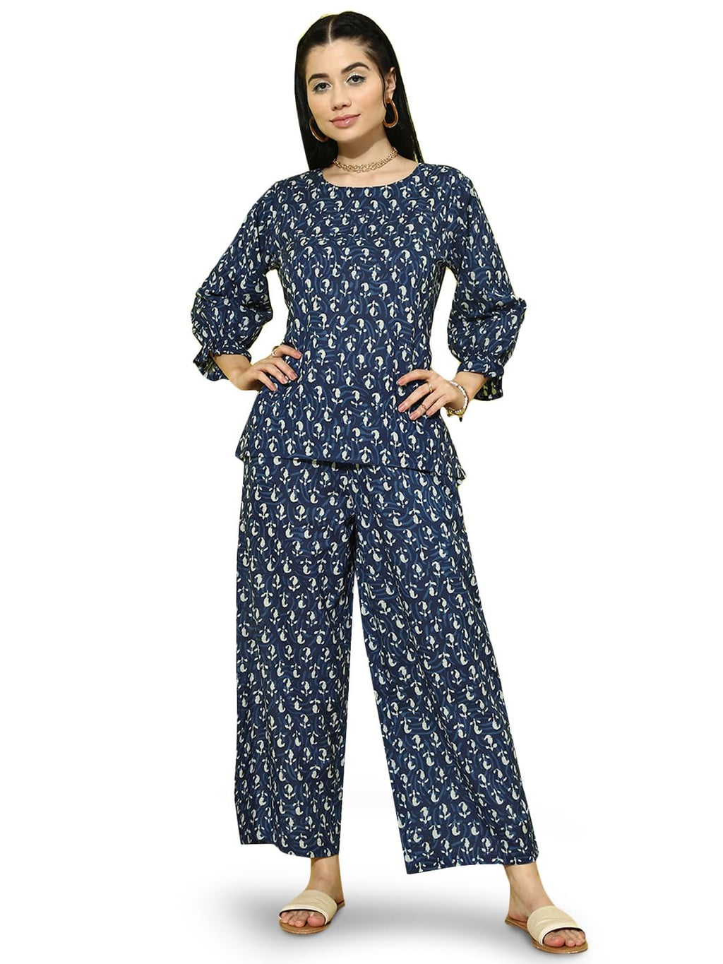 Libas Womens Printed Cotton Night Suit Set For Women Blue