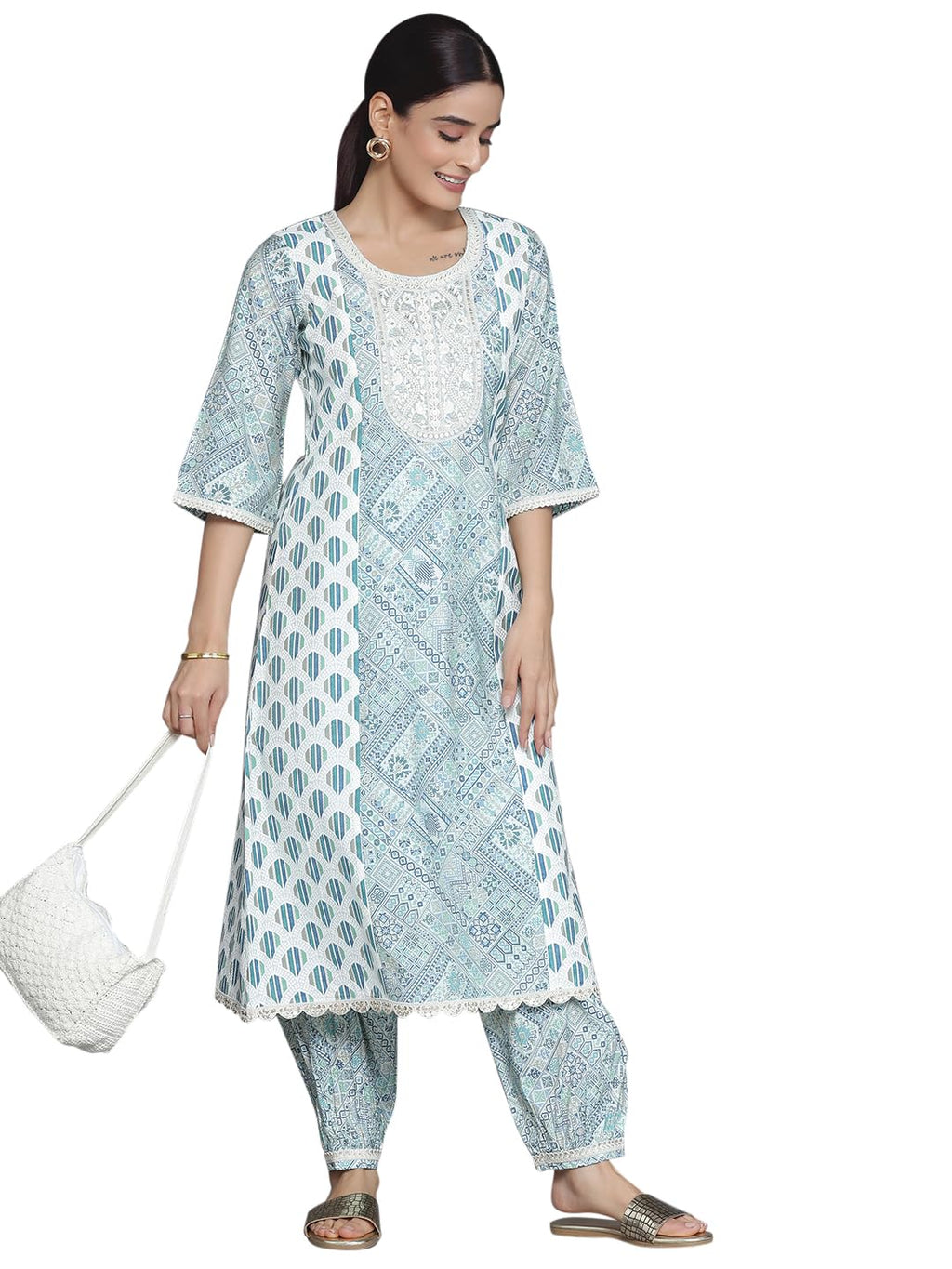 Libas Womens Printed Silk Blend A-Line Kurta With Salwar