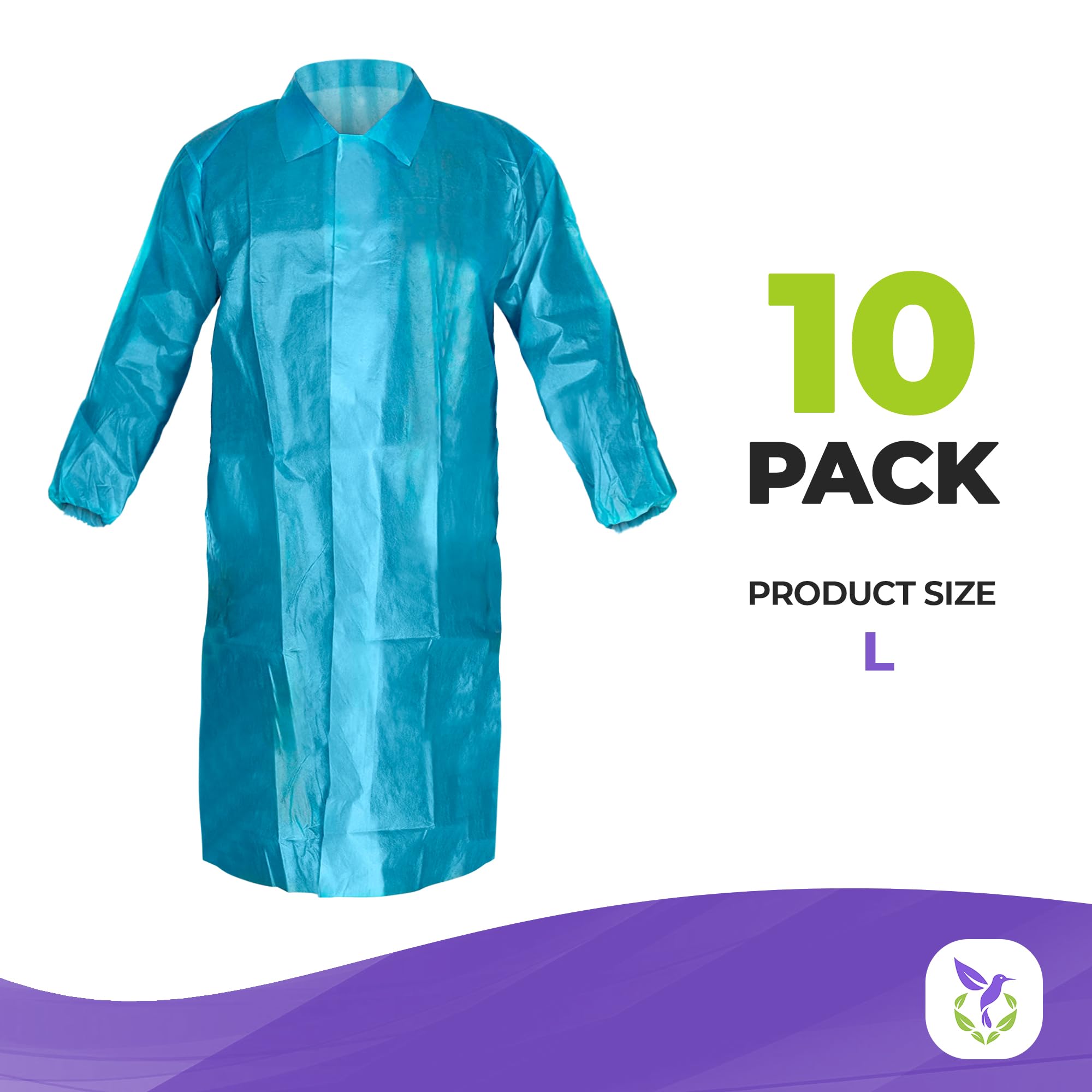 Disposable gowns Large Pack of 10 Blue Lab coat Men 40 gsm Polypropylene Polyethylene Surgical gowns with collar Loop Fastener L