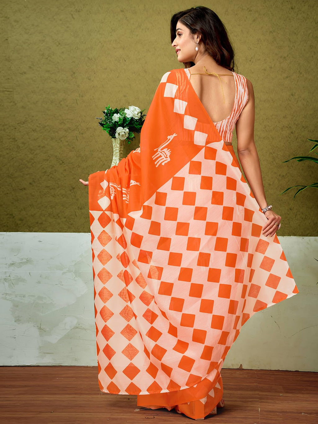 Satrani WomenS Chanderi Cotton Printed Ready To Wear One Minute Pre Pleated Readymade Saree With Unstitched Blouse Piece (32Rs3