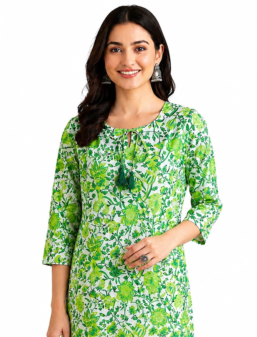 WomenS Cotton Floral Printed VNeck ALine Kurta/Kurti3/4 Sleeve (In, Alpha, 2Xl, Regular, Green) 2