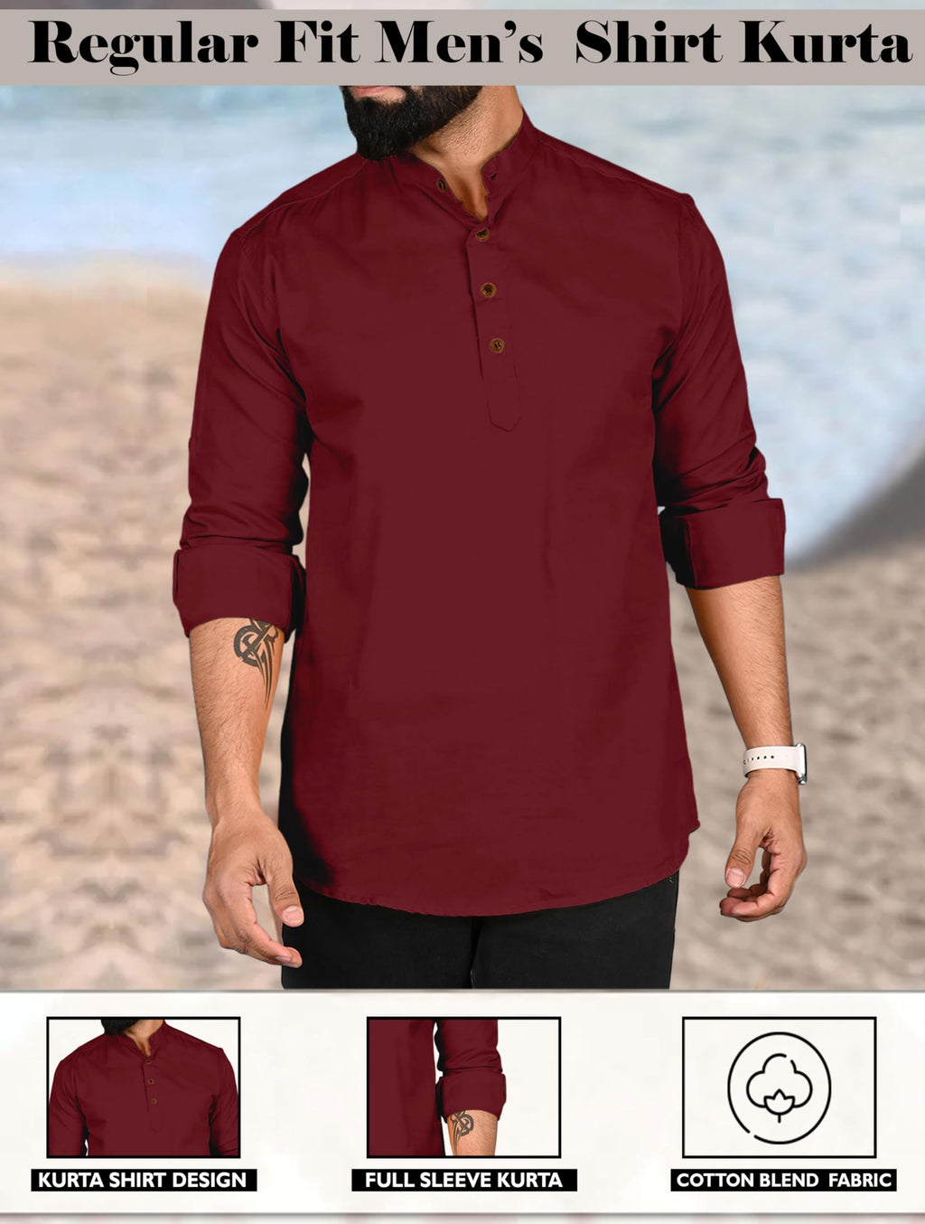 Royalscout MenS Cotton Polyester Blend Solid Regular Fit Full Sleeve Short Kurta Maroon
