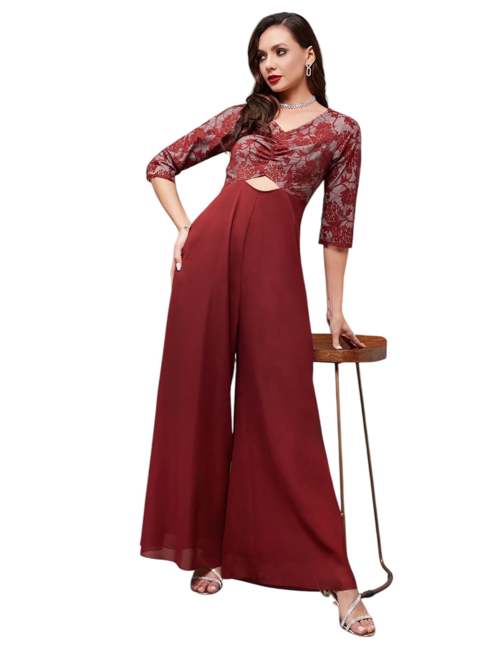 Miss Chase Womens V-Neck Full Sleeve Self Design Cut-Out Regular-Length Jumpsuit (MCSS25D93-14-143-03, Maroon, S)