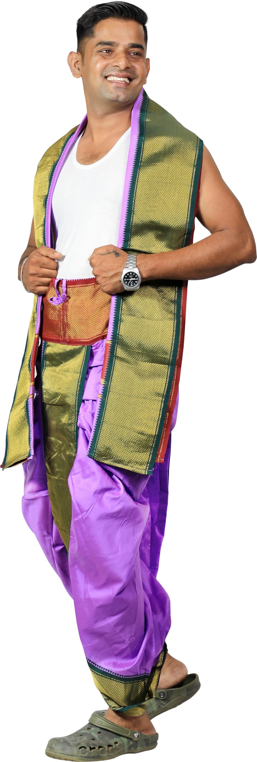 Prakasam Cotton Mens Asha Silk Panchakacham Ready To Wear Dhoti Towel Set With Pocket/Panchakacham Dhoti With Angavastram (Stitc
