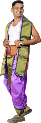 Prakasam Cotton Mens Asha Silk Panchakacham Ready To Wear Dhoti Towel Set With Pocket/Panchakacham Dhoti With Angavastram (Stitc