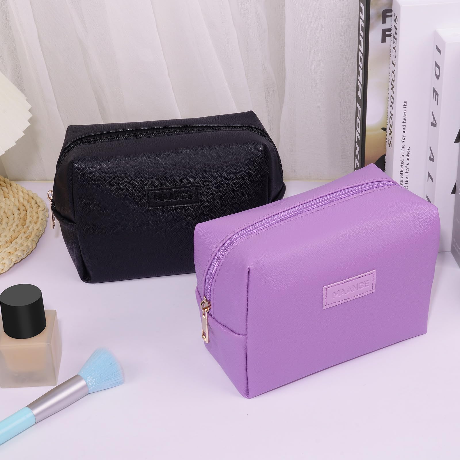 MAANGE Small Makeup Bag For Purse, Travel Cosmetic Bag Makeup Pouch PU Leather Portable Versatile Zipper Pouch For Women