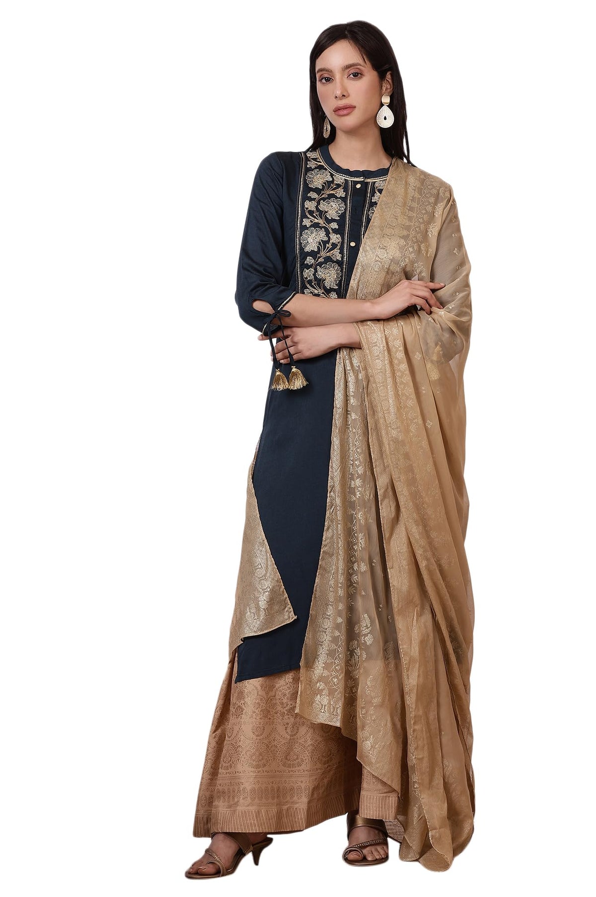 Aurelia Womens Blue Zari Embroidered Straight Kurta, Flared Skirt and Dupatta Set (Size: M)-ONAS13476-702843