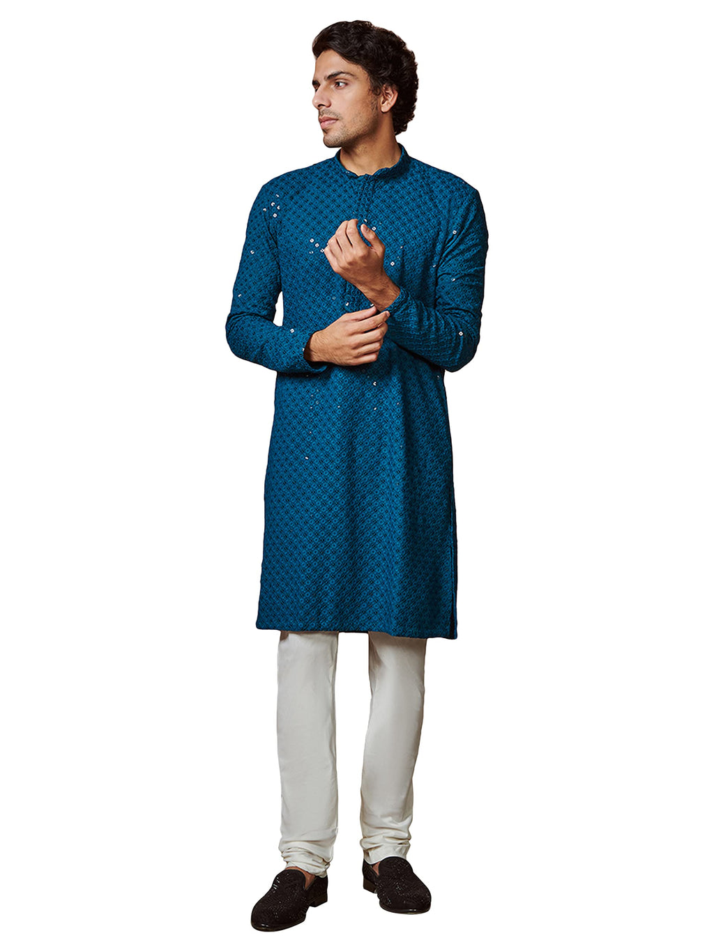 Manyavar Kurta Set for Men, Full Sleeves Mandarin Collar Ethnic Kurta Set for Diwali, Wedding, Party Embroidery (Dark Blue, XL)