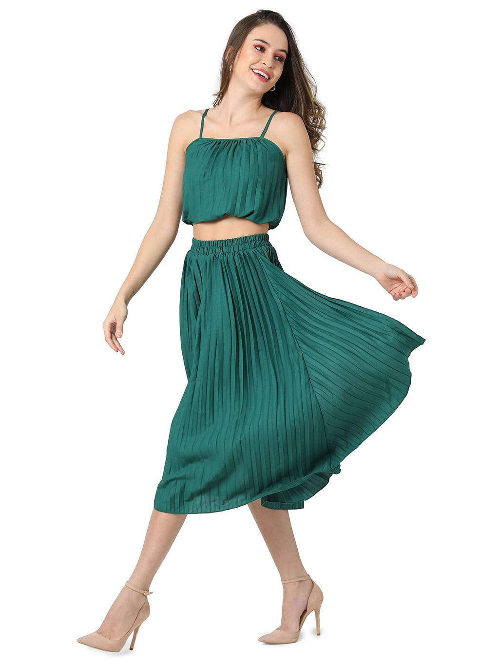 Campus Sutra Women Solid Stylish Casual Co-Ord Set (Skirt & Top)(Ssmr22_Cswssco5064_Xl) Green