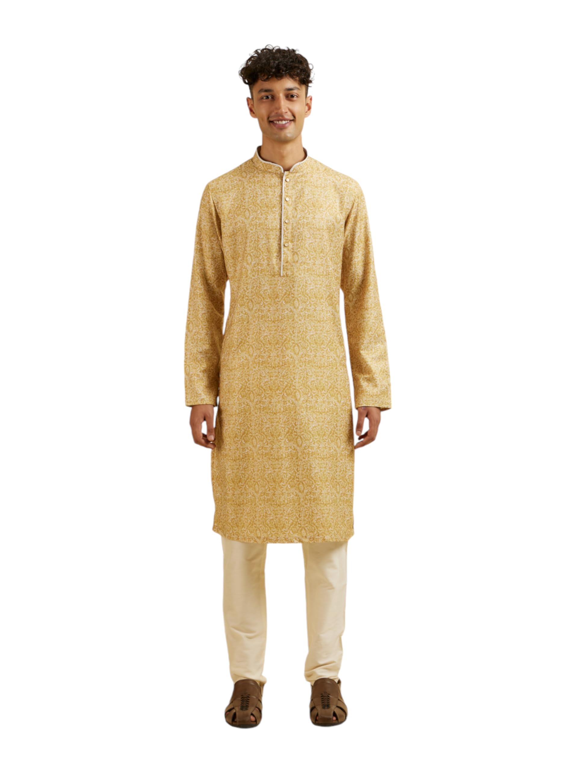 Manyavar Mens Viscose Blend Digital Print Kurta Pyjama Set (Mustard,S)