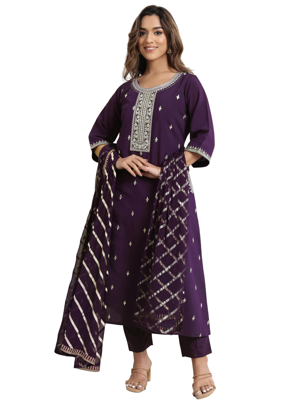 Libas Gerua Womens Embroidered Silk Blend A-Line Kurta With Trousers And Dupatta