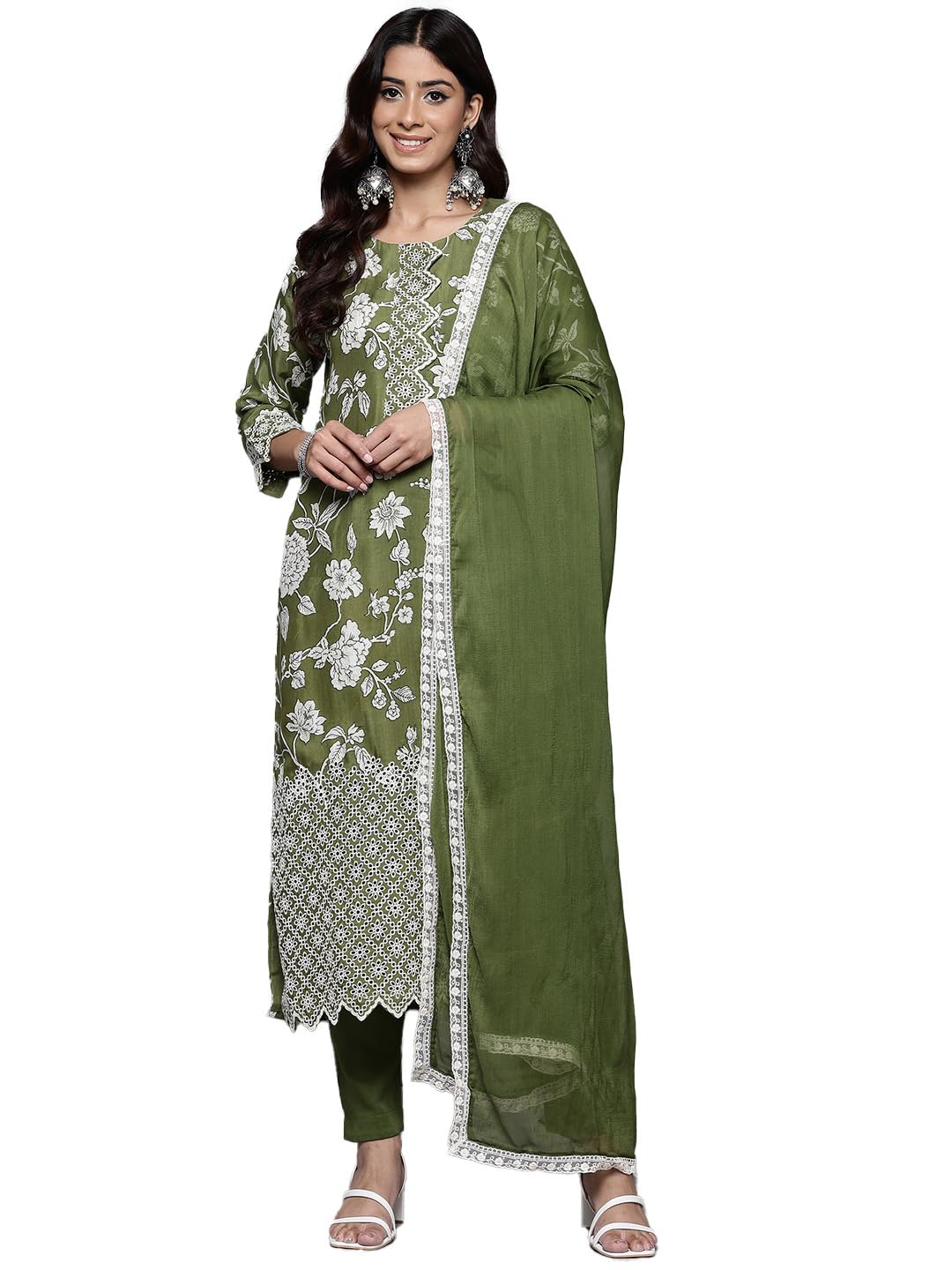 Varanga Women Green Floral Printed Shiffly Work Kurta Paired With Bottom And Dupatta