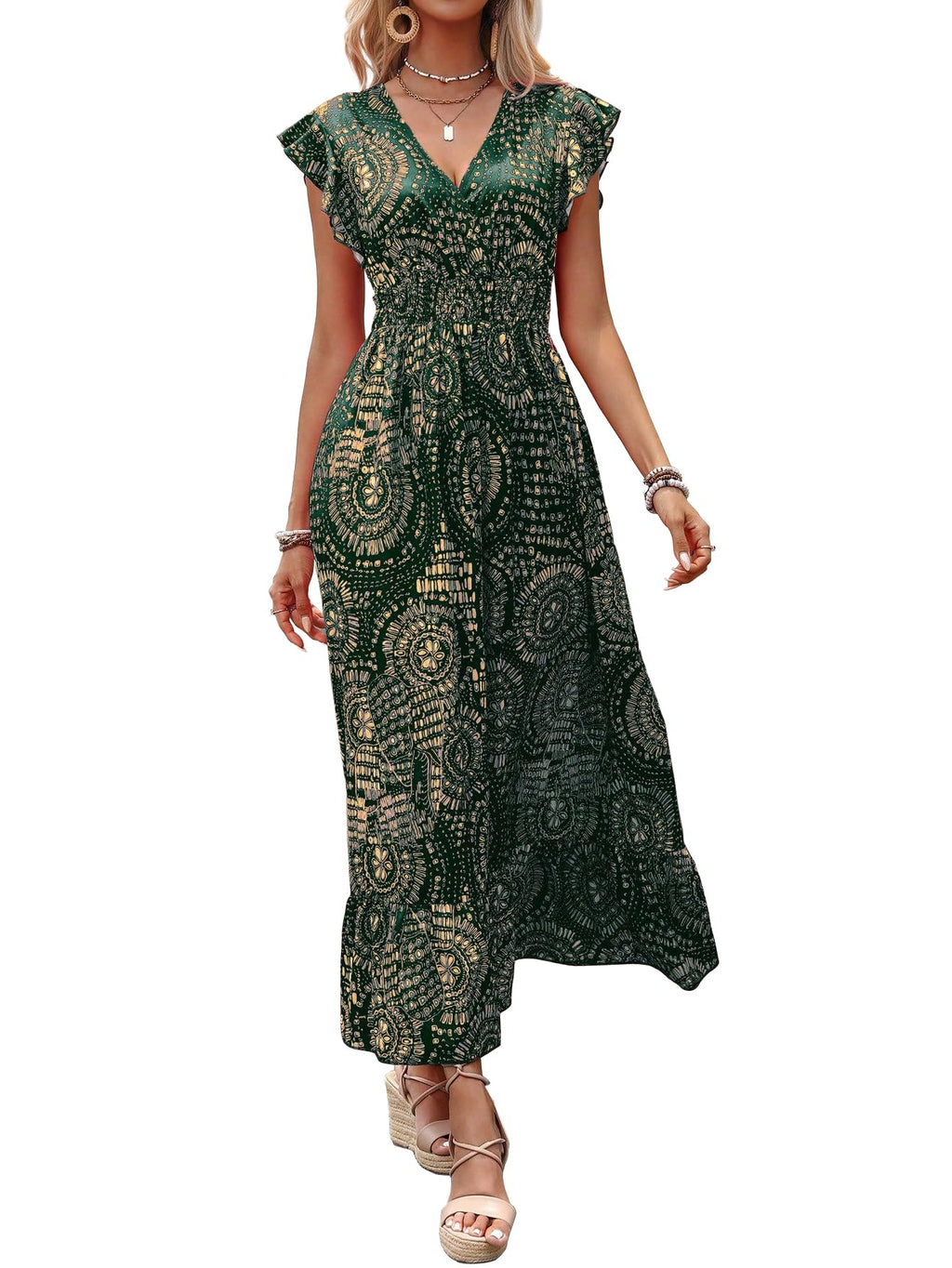 Shasmi Womens & Girls Boho Dark Green V-Neck Printed Dress with Ruffled Hem and Belted Waist for Vacation, One Piece Maxi for 