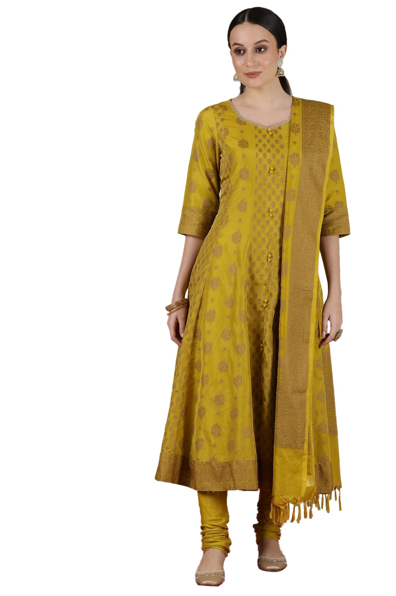 Aurelia WomenS Abstract Printed Flared Kurta Set With Churidar And Dupatta For Women
