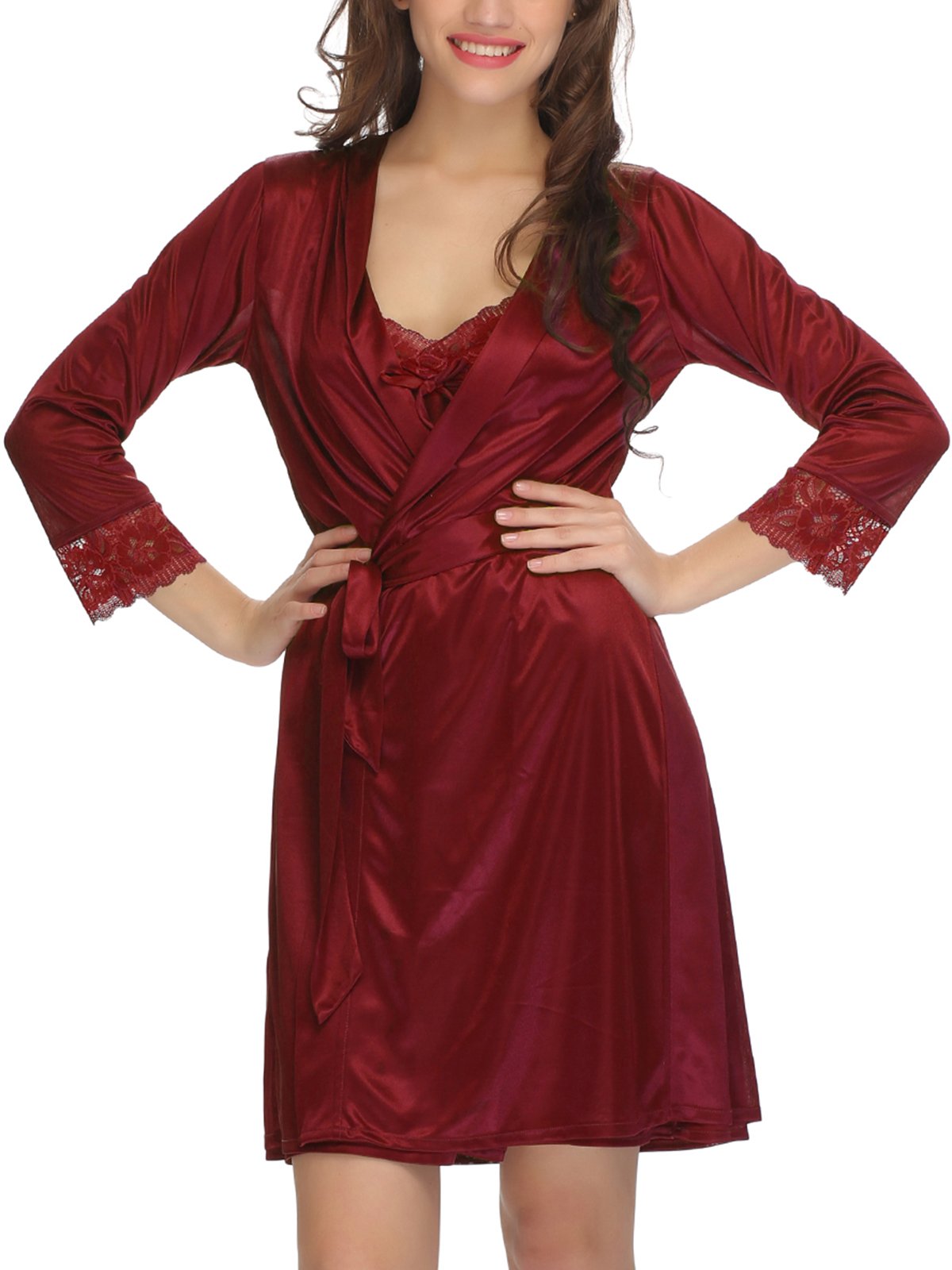 Clovia Womens Satin Solid Knee Length Night Slip and Robe (NS0286P09-L_Red_Large_Red_L)
