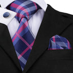 Dubulle Mens Plaid Pink and Blue Neckties Hankerchief Set Woven Silk Ties for Men Wedding