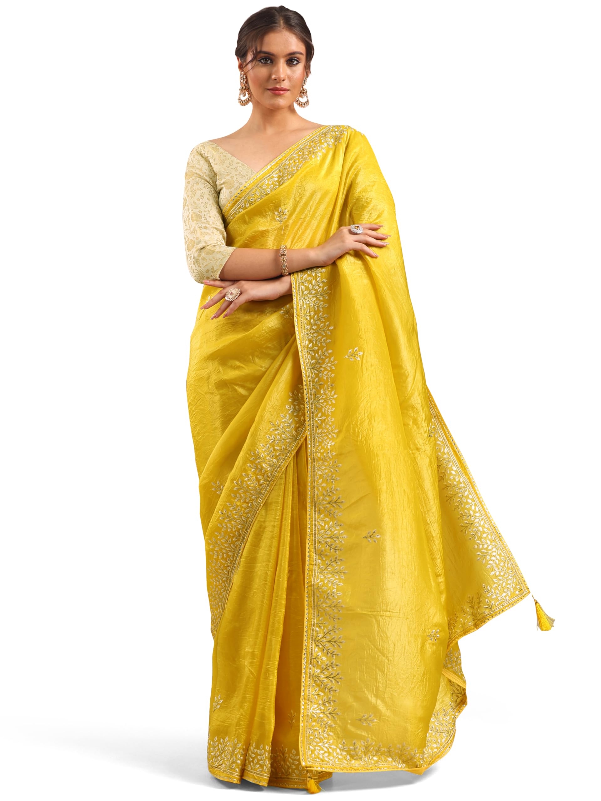 Libas Yellow Embroidered Organza Saree For Women (47295P)