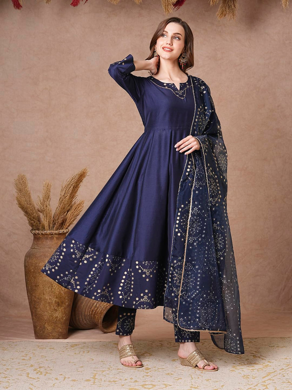 ANNI DESIGNER Womens Rayon Blend Printed Anarkali Kurta with Pant & Dupatta (Varuna Navy_S_Navy Blue_Small)