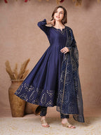 ANNI DESIGNER Womens Rayon Blend Printed Anarkali Kurta with Pant & Dupatta (Varuna Navy_S_Navy Blue_Small)